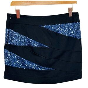 Express Womens Black Blue Sequin Skirt Short Mini Pencil Lined Side Zip Size 4